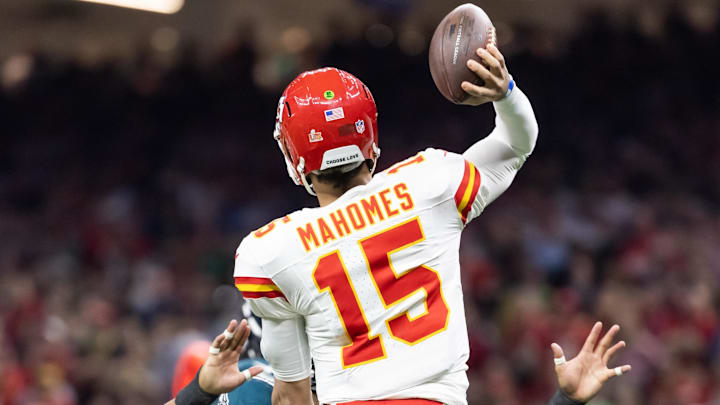 Feb 9, 2025; New Orleans, LA, USA;  Detailed view of the jersey of Kansas City Chiefs quarterback Patrick Mahomes (15) against the Philadelphia Eagles in Super Bowl LIX at Ceasars Superdome. Mandatory Credit: Mark J. Rebilas-Imagn Images