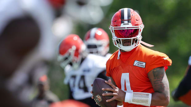 Browns quarterback Deshaun Watson looks to throw a pass during minicamp, Tuesday, June 11, 2024, in Berea.