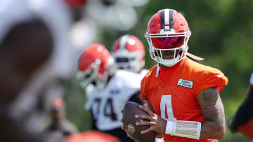 Browns quarterback Deshaun Watson looks to throw a pass during minicamp, Tuesday, June 11, 2024, in Berea.