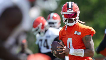 Browns quarterback Deshaun Watson looks to throw a pass during minicamp, Tuesday, June 11, 2024, in Berea.