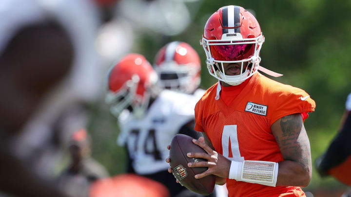 Browns quarterback Deshaun Watson looks to throw a pass during minicamp, Tuesday, June 11, 2024, in Berea.