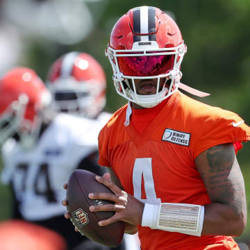 Browns quarterback Deshaun Watson looks to throw a pass during minicamp, Tuesday, June 11, 2024, in Berea.
