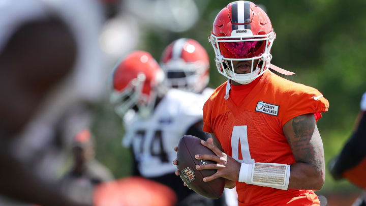 Browns quarterback Deshaun Watson looks to throw a pass during minicamp, Tuesday, June 11, 2024, in Berea.