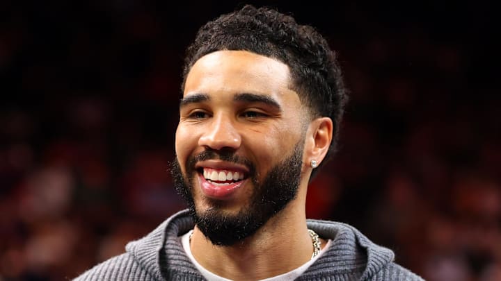 Feb 24, 2026; Phoenix, Arizona, USA; Boston Celtics injured forward Jayson Tatum against the Phoenix Suns in the first half at Mortgage Matchup Center. Mandatory Credit: Mark J. Rebilas-Imagn Images