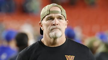 Nov 2, 2025; Landover, Maryland, USA; Washington Commanders head coach Dan Quinn walks off the field after the loss to Seattle Seahawks at Northwest Stadium. Mandatory Credit: Amber Searls-Imagn Images