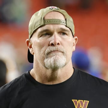 Nov 2, 2025; Landover, Maryland, USA; Washington Commanders head coach Dan Quinn walks off the field after the loss to Seattle Seahawks at Northwest Stadium. Mandatory Credit: Amber Searls-Imagn Images