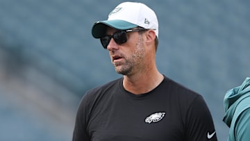Aug 7, 2025; Philadelphia, Pennsylvania, USA; Philadelphia Eagles offensive coordinator Kevin Patullo before a game against the Cincinnati Bengals at Lincoln Financial Field. Mandatory Credit: Bill Streicher-Imagn Images