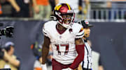 Sep 23, 2024; Cincinnati, Ohio, USA; Washington Commanders wide receiver Terry McLaurin (17) reacts after scoring a touchdown against the Cincinnati Bengals in the second half at Paycor Stadium. Mandatory Credit: Katie Stratman-Imagn Images