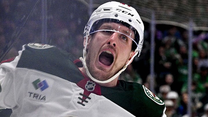 Minnesota Wild center Michael McCarron celebrates scoring a huge goal in Game 5 vs. Stars. (Mandatory Credit: Jerome Miron-Imagn Images)