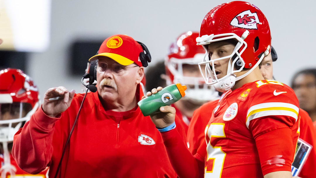 Feb 11, 2024; Paradise, Nevada, USA; Kansas City Chiefs head coach Andy Reid with quarterback Patrick Mahomes (15) against the San Francisco 49ers during Super Bowl LVIII at Allegiant Stadium.