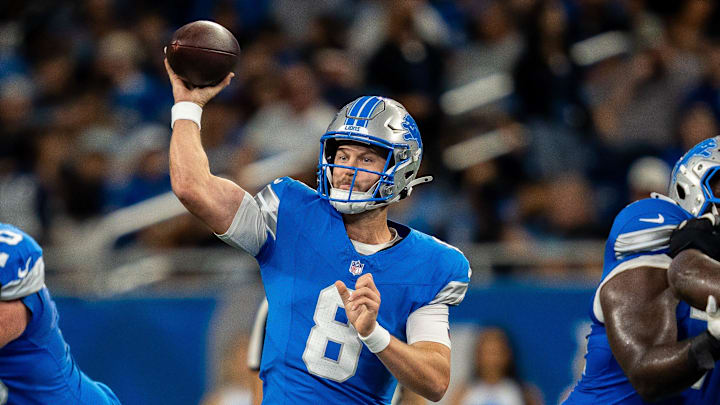 Detroit Lions quarterback Kyle Allen (8) throws a pass during the first half of the pre-season game against the Houston Texans at Ford Field in Detroit on Saturday, Aug. 23, 2025.