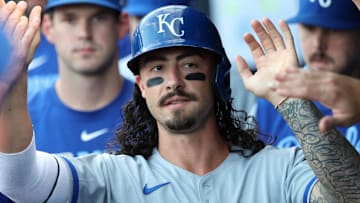 Kansas City Royals third baseman Jonathan India (6) celebrates after scoring during the first inning against the Tampa Bay Rays