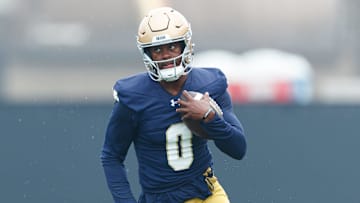 Notre Dame wide receiver Malachi Fields runs with the ball during a football practice at Irish Athletic Center on Thursday, July 31, 2025, in South Bend.