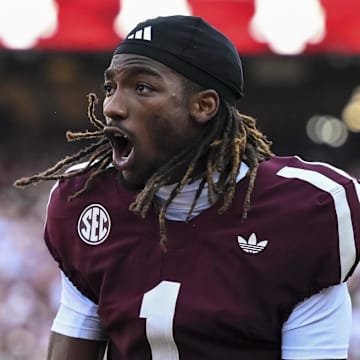Oct 11, 2025; College Station, Texas, USA; Texas A&M Aggies wide receiver Mario Craver (1) reacts prior to the game against the Florida Gators at Kyle Field. Mandatory Credit: Maria Lysaker-Imagn Images 