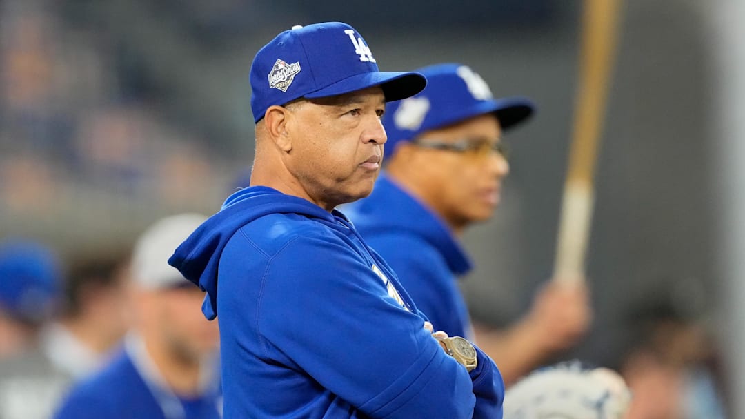 Oct 24, 2025; Toronto, Ontario, CAN; Los Angeles Dodgers manager Dave Roberts (30) looks on during batting practice prior to game one of the 2025 MLB World Series against the Toronto Blue Jays at Rogers Centre. Mandatory Credit: Kevin Sousa-Imagn Images