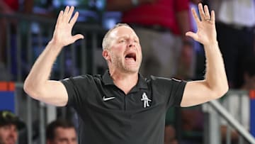 Nov 28, 2024; Paradise Island, Bahamas, BHS;  West Virginia Mountaineers head coach Darian DeVries reacts during the second half against the Louisville Cardinals at Imperial Arena at the Atlantis resort.  Mandatory Credit: Kevin Jairaj-Imagn Images