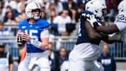 Penn State quarterback Drew Allar passes from the pocket during the Blue-White Game at Beaver Stadium. 