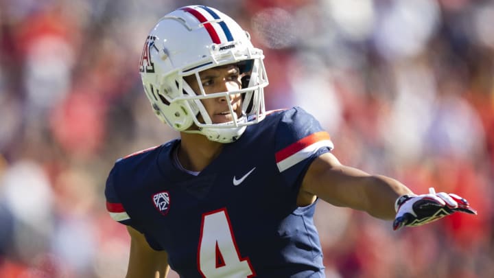 Nov 25, 2022; Tucson, Arizona, USA; Arizona Wildcats wide receiver Tetairoa McMillan (4) against the Arizona State Sun Devils during the Territorial Cup at Arizona Stadium