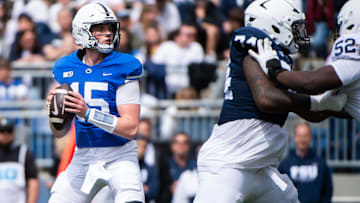 Penn State quarterback Drew Allar passes from the pocket during the Blue-White game at Beaver Stadium on Saturday, April 26, 2025, in State College. The White team defeated the Blue team, 10-8.