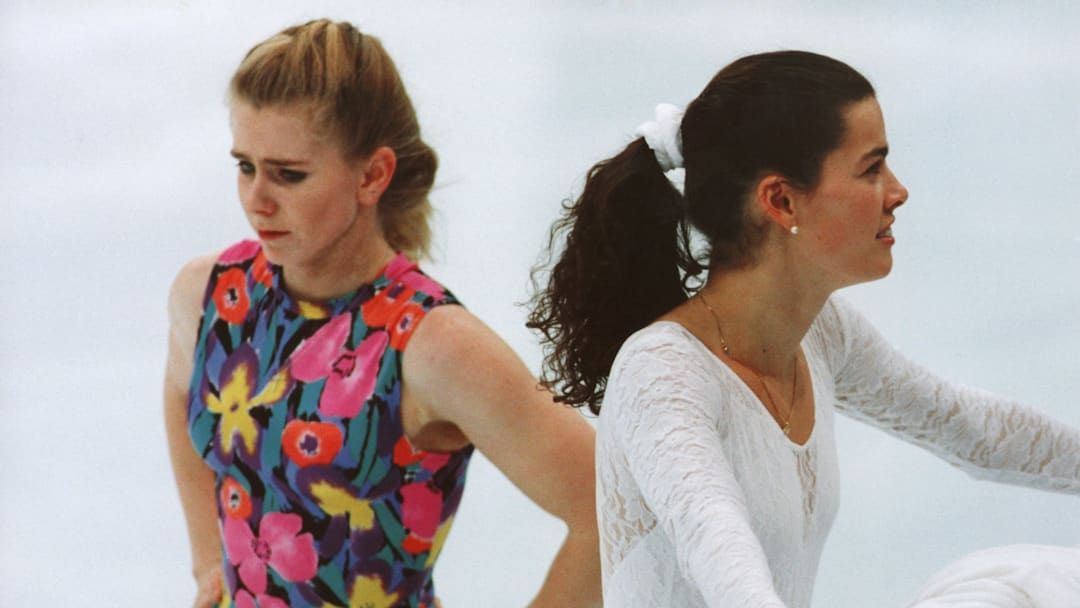 Tonya Harding and Nancy Kerrigan during a practice session for the 1994 Winter Olympics