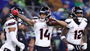 Oct 20, 2025; Seattle, Washington, USA; Houston Texans wide receiver Jaylin Noel (14) celebrates after a catch during the second quarter against the Seattle Seahawks at Lumen Field. Mandatory Credit: Kevin Ng-Imagn Images