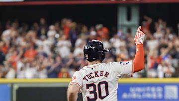 Sep 21, 2024; Houston, Texas, USA; Houston Astros right fielder Kyle Tucker (30) celebrates  his home run against the Los Angeles Angels  in the seventh inning at Minute Maid Park.