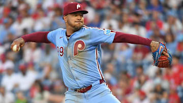 May 1, 2025; Philadelphia, Pennsylvania; Philadelphia Phillies pitcher Taijuan Walker (99) throws a pitch during the second inning against the Washington Nationals at Citizens Bank Park. 