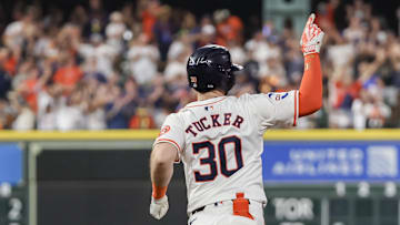 Sep 21, 2024; Houston, Texas, USA; Houston Astros right fielder Kyle Tucker (30) celebrates  his home run against the Los Angeles Angels  in the seventh inning at Minute Maid Park. Mandatory Credit: Thomas Shea-Imagn Images