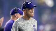 Dec 26, 2024; Phoenix, AZ, USA; Kansas State Wildcats co-offensive coordinator Matt Wells against the Rutgers Scarlet Knights during the Rate Bowl at Chase Field. Mandatory Credit: Mark J. Rebilas-Imagn Images
