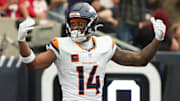 Nov 2, 2025; Houston, Texas, USA; Denver Broncos wide receiver Courtland Sutton (14) celebrate after a play during the first half against the Houston Texans at NRG Stadium. Mandatory Credit: Sean Thomas-Imagn Images