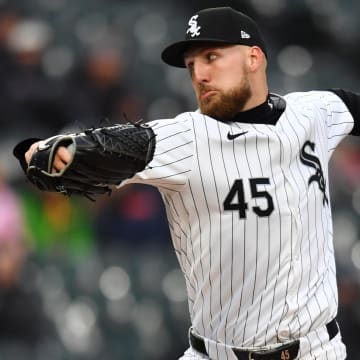 Apr 2, 2024; Chicago, Illinois, USA; Chicago White Sox starting pitcher Garrett Crochet (45) pitches during the first inning against the Atlanta Braves at Guaranteed Rate Field.