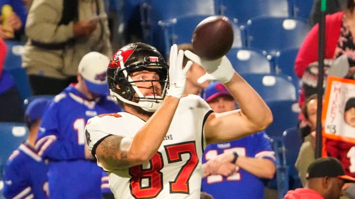 Oct 26, 2023; Orchard Park, New York, USA; Tampa Bay Buccaneers tight end Payne Durham (87) warms up prior to the game against the Buffalo Bills at Highmark Stadium. Mandatory Credit: Gregory Fisher-USA TODAY Sports