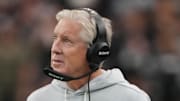 Nov 23, 2025; Paradise, Nevada, USA; Las Vegas Raiders head coach Pete Carroll looks on in the first half against the Cleveland Browns at Allegiant Stadium. Mandatory Credit: Kirby Lee-Imagn Images