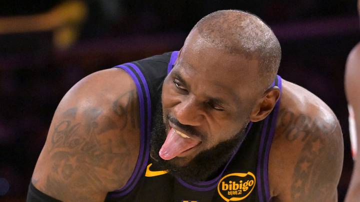 Apr 21, 2026; Los Angeles, California, USA; Los Angeles Lakers forward LeBron James (23) reacts after he was fouled by Houston Rockets forward Jae'Sean Tate (8) in the first half of game two of the first round of the 2026 NBA Playoffs at Crypto.com Arena. Mandatory Credit: Jayne Kamin-Oncea-Imagn Images