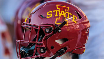 Nov 9, 2024; Kansas City, Missouri, USA; Iowa State Cyclones helmets on the bench during the first quarter against the Kansas Jayhawks at GEHA Field at Arrowhead Stadium. 