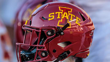 Nov 9, 2024; Kansas City, Missouri, USA; Iowa State Cyclones helmets on the bench during the first quarter against the Kansas Jayhawks at GEHA Field at Arrowhead Stadium. 