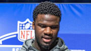 Louisiana State defensive lineman Ali Gaye speaks to the press at the NFL Combine at Lucas Oil Stadium.
