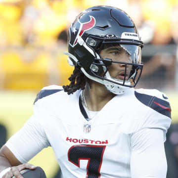 Aug 9, 2024; Pittsburgh, Pennsylvania, USA;  Houston Texans quarterback C.J. Stroud (7) passes against the Pittsburgh Steelers during the first quarter at Acrisure Stadium. Mandatory Credit: Charles LeClaire-USA TODAY Sports