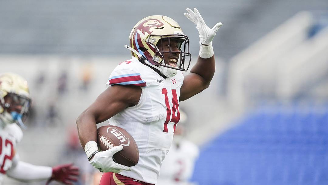 Panthers’ D.J. Miller (14) celebrates after intercepting a pass during the UFL game between the Memphis Showboats and Michigan Panthers. Panthers’ D.J. Miller (14) celebrates after intercepting a pass during the UFL game between the Memphis Showboats and Michigan Panthers.