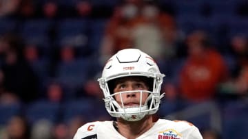 Dec 29, 2020; San Antonio, TX, USA; Texas Longhorns quarterback Sam Ehlinger (11) reacts against the Colorado Buffaloes during the first half at Alamodome. Mandatory Credit: Kirby Lee-USA TODAY Sports