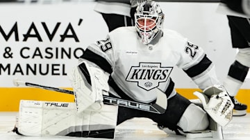 Oct 22, 2024; Las Vegas, Nevada, USA; Los Angeles Kings goaltender Pheonix Copley (29) warms up before a game against the Vegas Golden Knights at T-Mobile Arena. Mandatory Credit: Stephen R. Sylvanie-Imagn Images