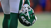 Oct 26, 2025; Cincinnati, Ohio, USA; A detailed photo of New York Jets running back Breece Hal’sl (20) helmet during the fourth quarter against the Cincinnati Bengals at Paycor Stadium. Mandatory Credit: Katie Stratman-Imagn Images