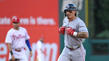 Jul 21, 2025; Philadelphia, Pennsylvania, USA; Boston Red Sox outfielder Jarren Duran (16) runs the bases after hitting a home run during the first inning against the Philadelphia Phillies at Citizens Bank Park.