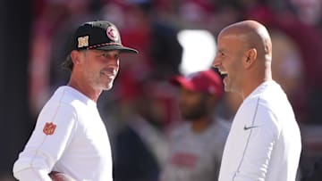 San Francisco 49ers head coach Kyle Shanahan (left) and defensive coordinator Robert Saleh (right)
