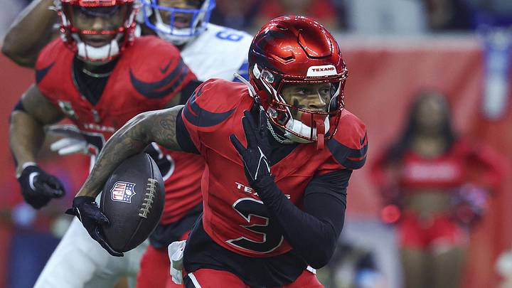 Nov 10, 2024; Houston, Texas, USA; Houston Texans wide receiver Tank Dell (3) runs with the ball on a play during the second quarter against the Detroit Lions at NRG Stadium. Mandatory Credit: Troy Taormina-Imagn Images
