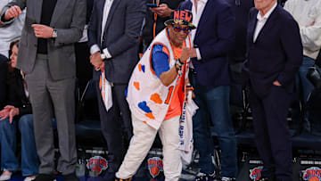 May 12, 2025; New York, New York, USA; Actor and filmmaker Spike Lee reacts in the second half during game four of the second round for the 2025 NBA Playoffs between the New York Knicks and the Boston Celtics at Madison Square Garden. Mandatory Credit: Vincent Carchietta-Imagn Images