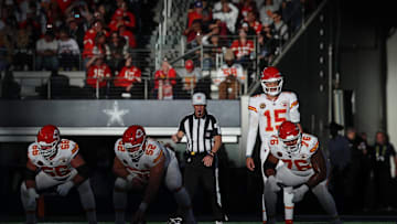 Nov 27, 2025; Arlington, Texas, USA; Kansas City Chiefs quarterback Patrick Mahomes (15) waits for the snap against the Dallas Cowboys during the second quarter at AT&T Stadium. Mandatory Credit: Kevin Jairaj-Imagn Images