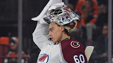 Nov 18, 2024; Philadelphia, Pennsylvania, USA; Colorado Avalanche goaltender Justus Annunen (60) against the Philadelphia Flyers at Wells Fargo Center. Mandatory Credit: Eric Hartline-Imagn Images
