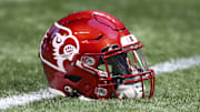 Sep 6, 2021; Atlanta, Georgia, USA; Detailed view of a Louisville Cardinals helmet on the field before a game against the Mississippi Rebels at Mercedes-Benz Stadium. Mandatory Credit: Brett Davis-Imagn Images
