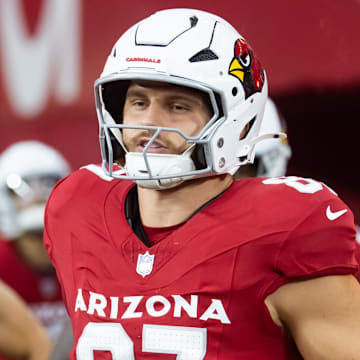 Aug 10, 2024; Glendale, Arizona, USA; Arizona Cardinals tight end Tip Reiman (87) against the New Orleans Saints during a preseason NFL game at State Farm Stadium. Mandatory Credit: Mark J. Rebilas-Imagn Images
